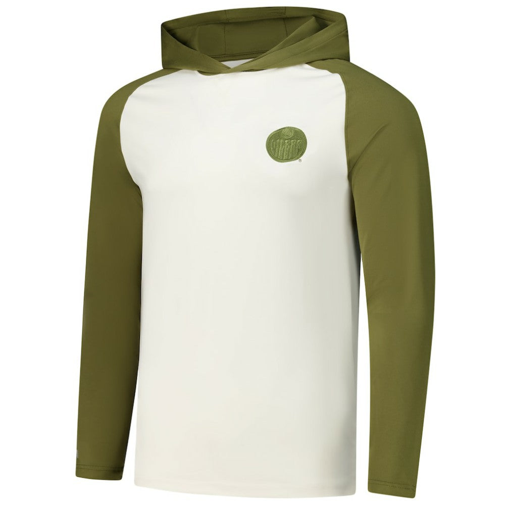 Edmonton Oilers Antigua Intrepid Sand Raglan Long Sleeve Hoodie T-Shirt - Cream/Olive - NHL 202253459