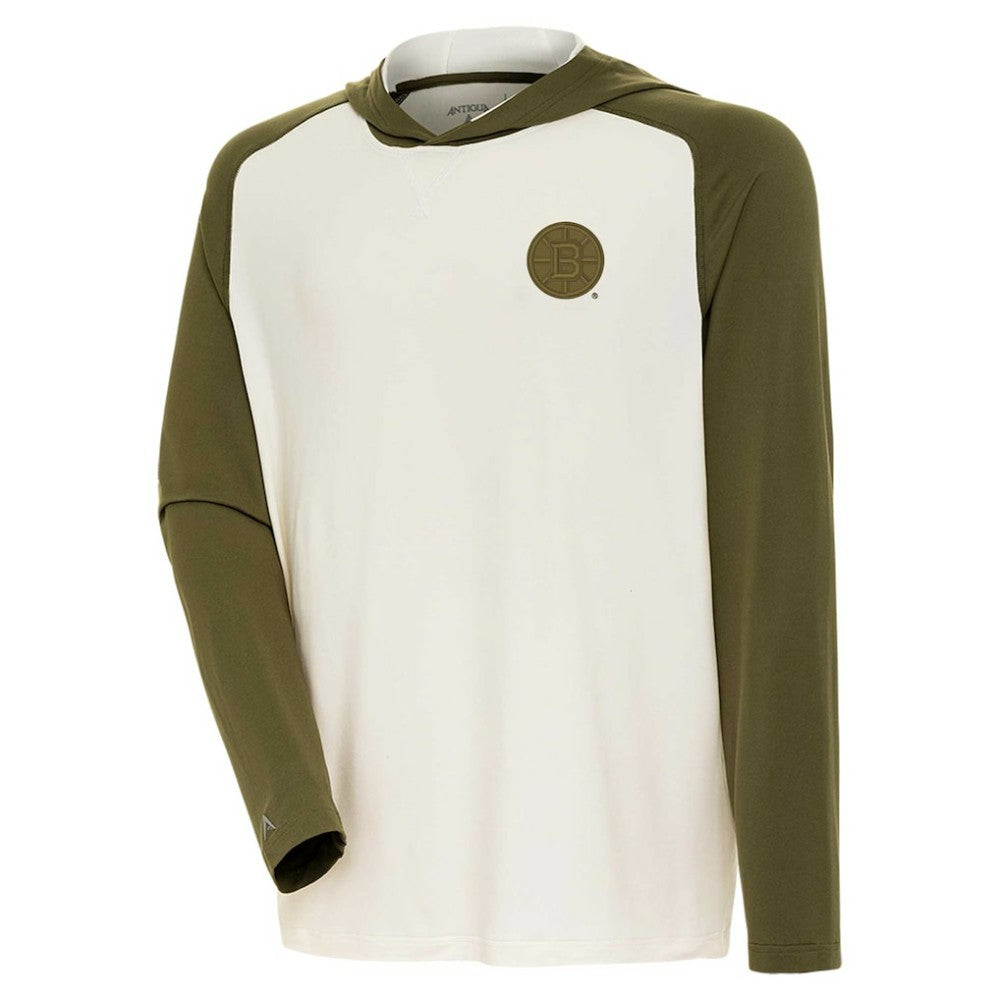 Boston Bruins Antigua Intrepid Sand Raglan Long Sleeve Hoodie T-Shirt - Cream/Olive - NHL 202253462