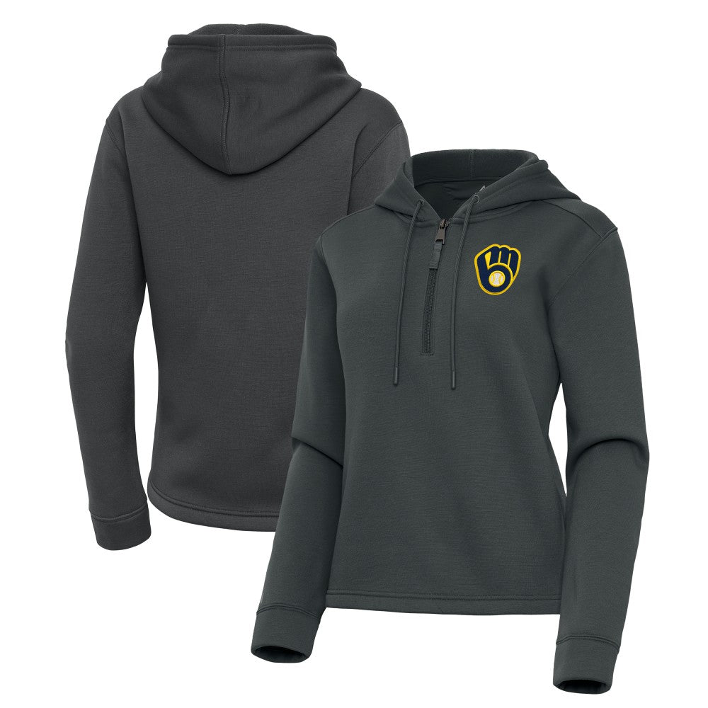 Milwaukee Brewers Antigua Women's Contemporary Quarter-Zip Hoodie - Pewter - MLB on Sale