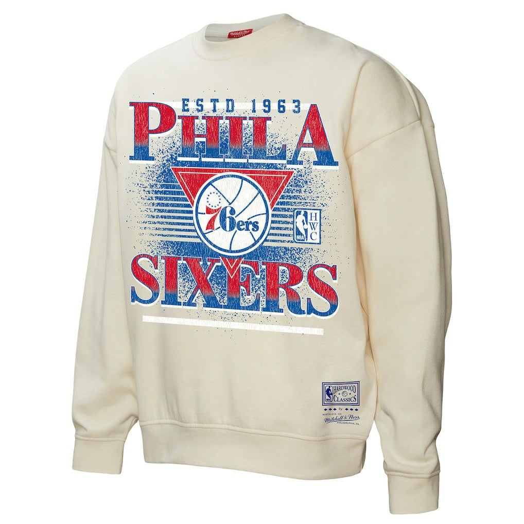 Philadelphia 76ers Women's Oversprayed Pullover Sweatshirt Cream | Mitchell & Ness