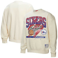 Philadelphia 76ers Women's Brush Bucket Pullover Sweatshirt Cream | Mitchell & Ness for sale