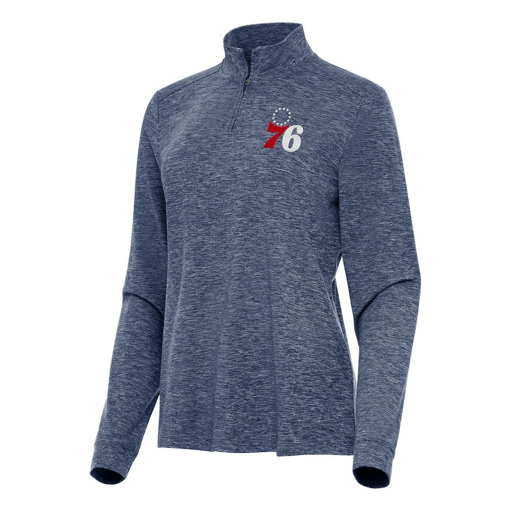 Philadelphia 76ers Antigua Women's Mentor Quarter-Zip Mock Long Sleeve Top Heather Navy