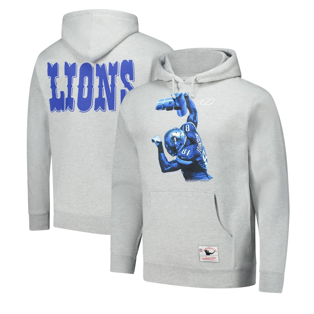 Mitchell & Ness Calvin Johnson Detroit Lions Hall of Fame Player Graphic Pullover Hoodie Heather Gray