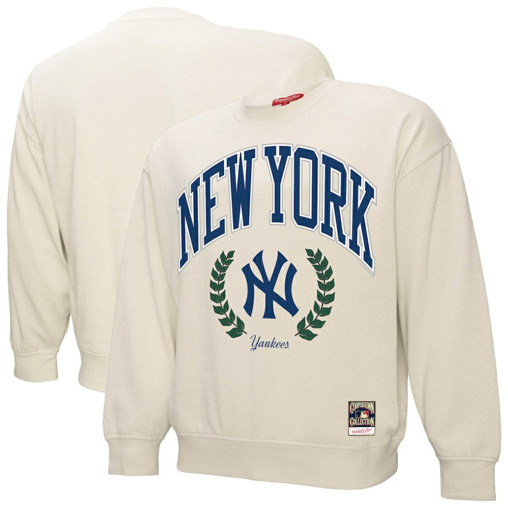 New York Yankees Mitchell & Ness Women's Cooperstown Collection Laurel Pullover Sweatshirt - Cream - Mitchell & Ness Lifestyle