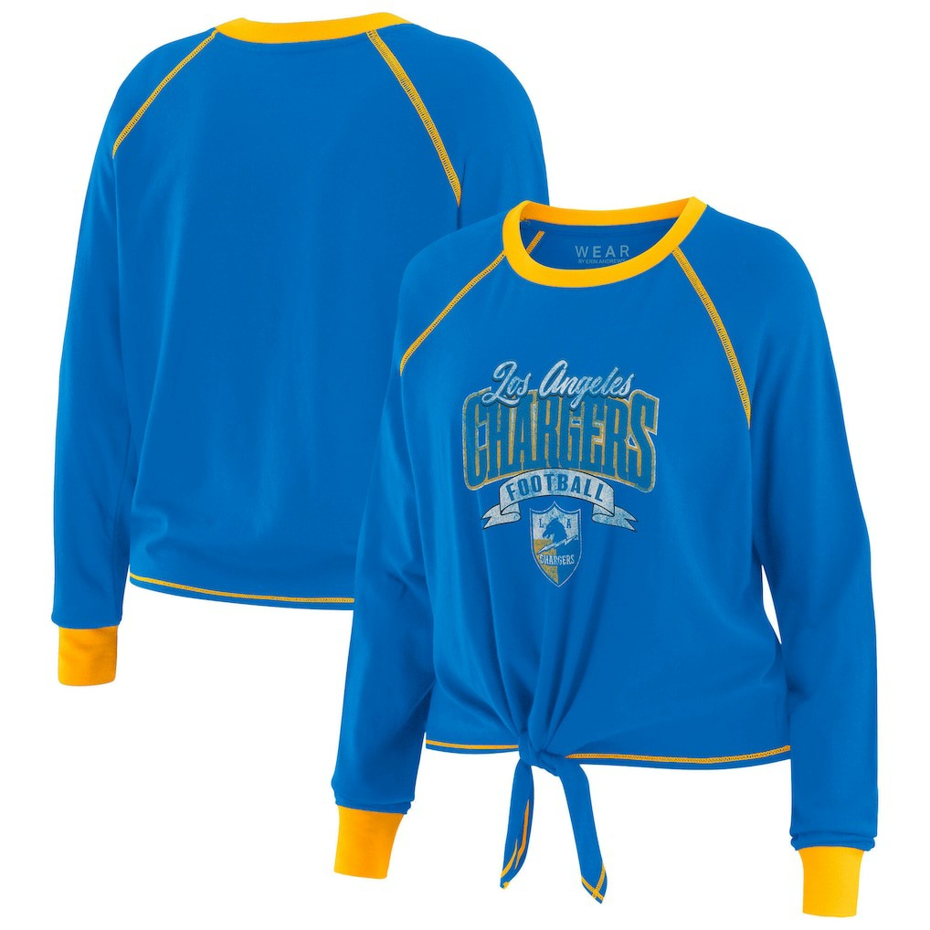 Los Angeles Chargers WEAR by Erin Andrews Women's Plus Size Tie-Front Long Sleeve Top Powder Blue/Gold