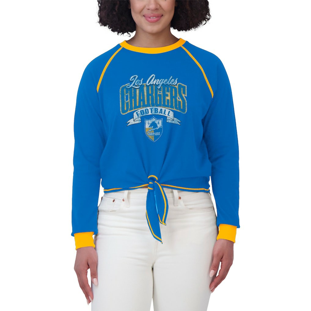 Los Angeles Chargers WEAR by Erin Andrews Women's Plus Size Tie-Front Long Sleeve Top Powder Blue/Gold
