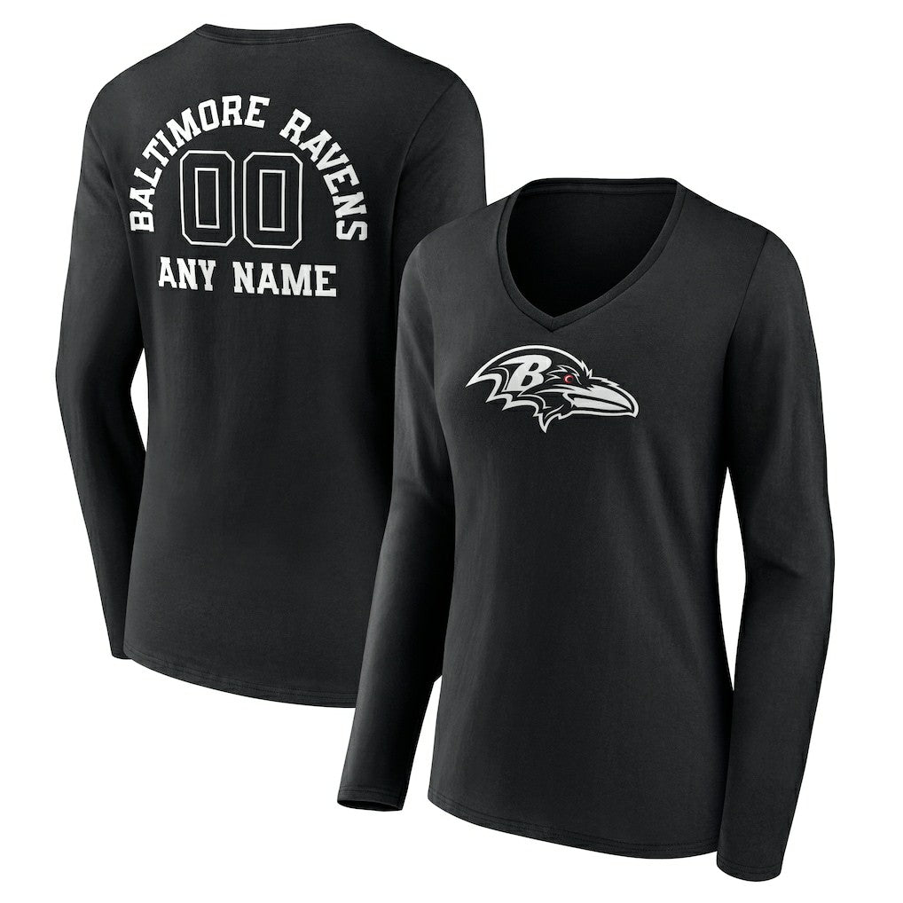 Baltimore Ravens Women's Personalized Name & Number Monochrome Long Sleeve V-Neck T-Shirt Black