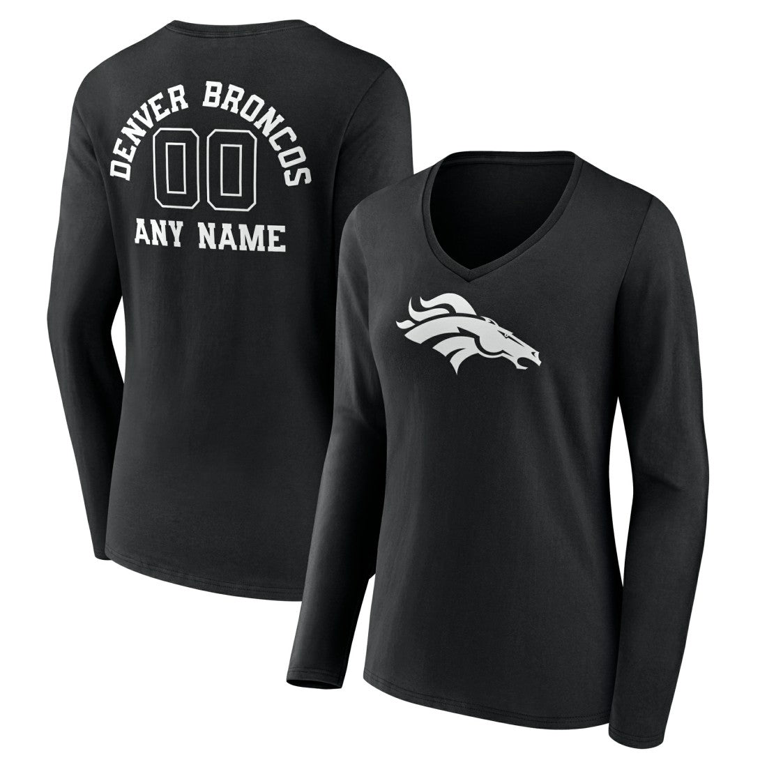 Denver Broncos Women's Personalized Name & Number Monochrome Long Sleeve V-Neck T-Shirt Black