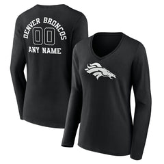Denver Broncos Women's Personalized Name & Number Monochrome Long Sleeve V-Neck T-Shirt Black