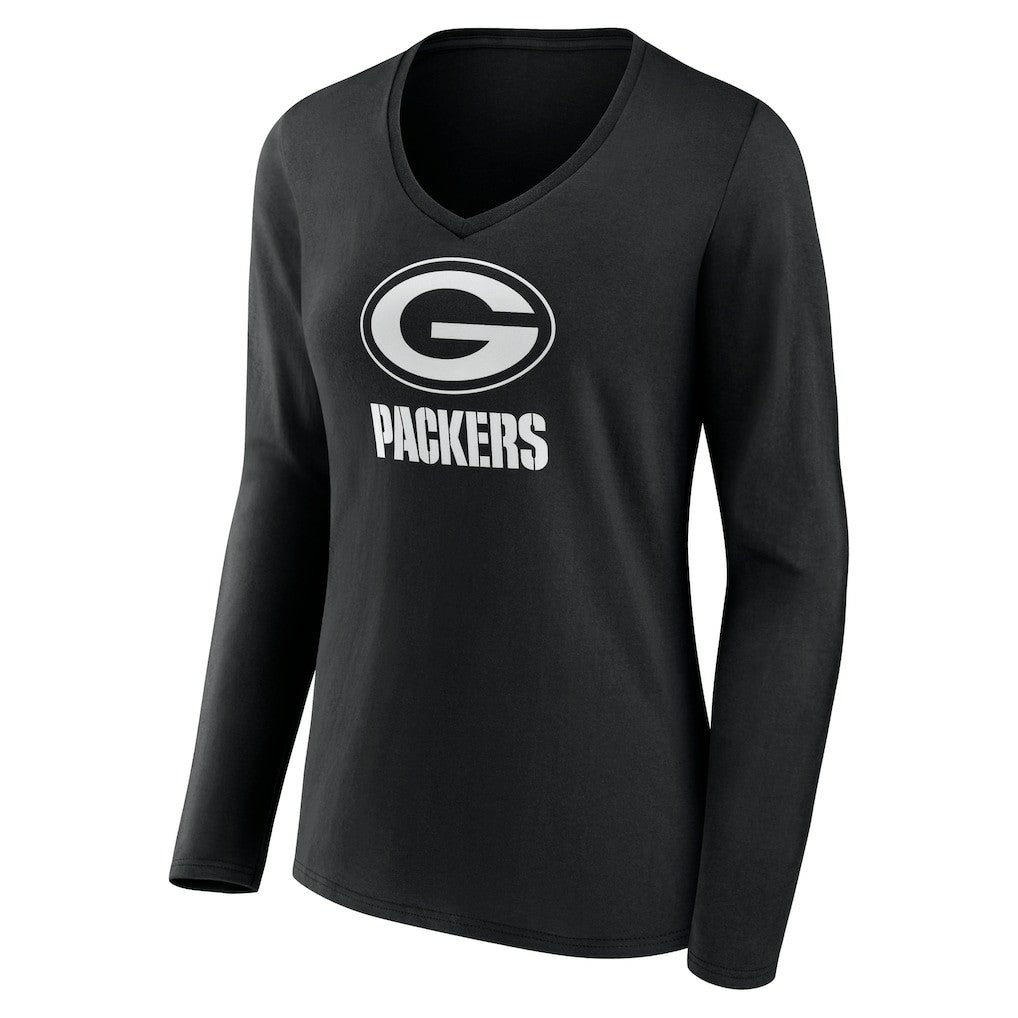 Green Bay Packers Women's Personalized Name & Number Monochrome Long Sleeve V-Neck T-Shirt Black