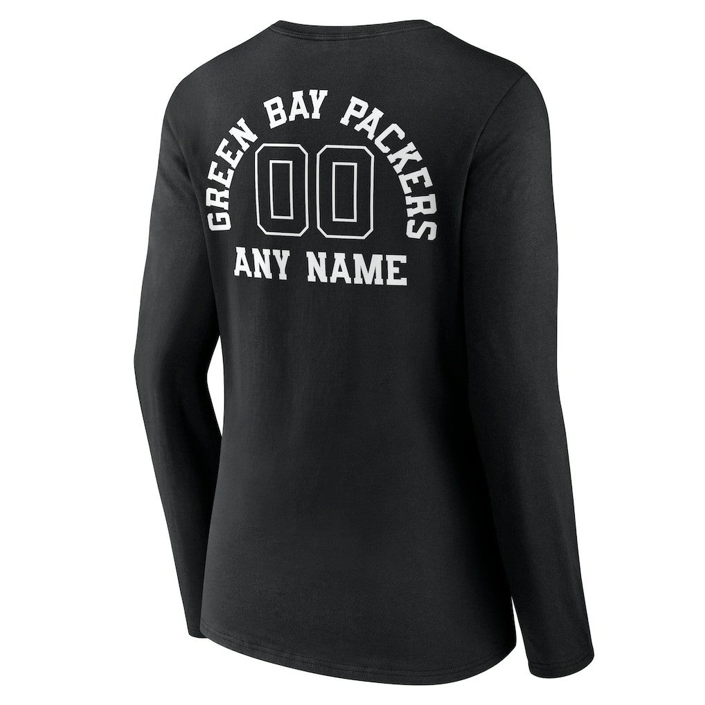 Green Bay Packers Women's Personalized Name & Number Monochrome Long Sleeve V-Neck T-Shirt Black