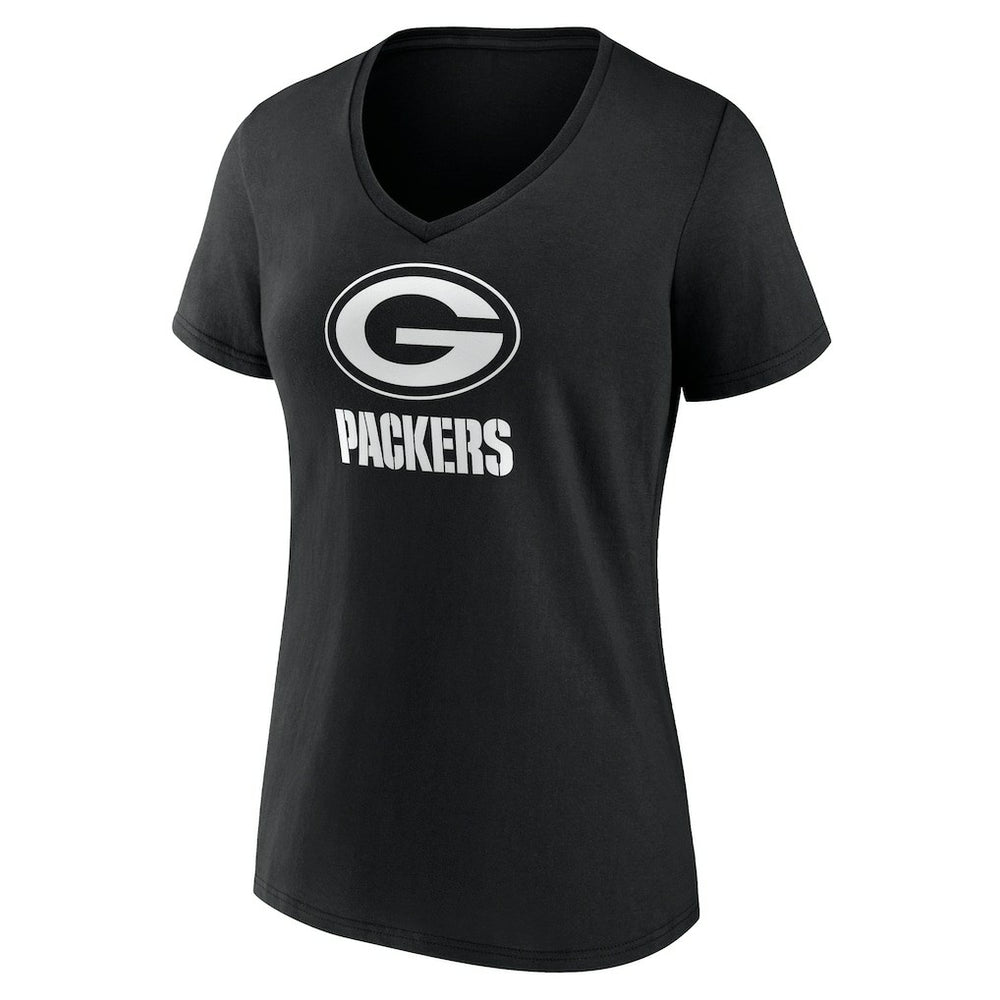 Green Bay Packers Women's Personalized Name & Number Monochrome V-Neck T-Shirt Black