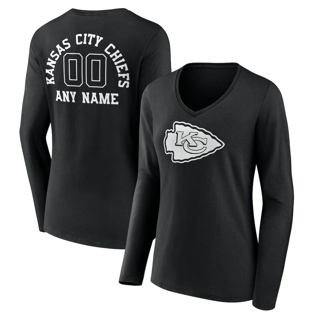 Kansas City Chiefs Women's Personalized Name & Number Monochrome Long Sleeve V-Neck T-Shirt Black