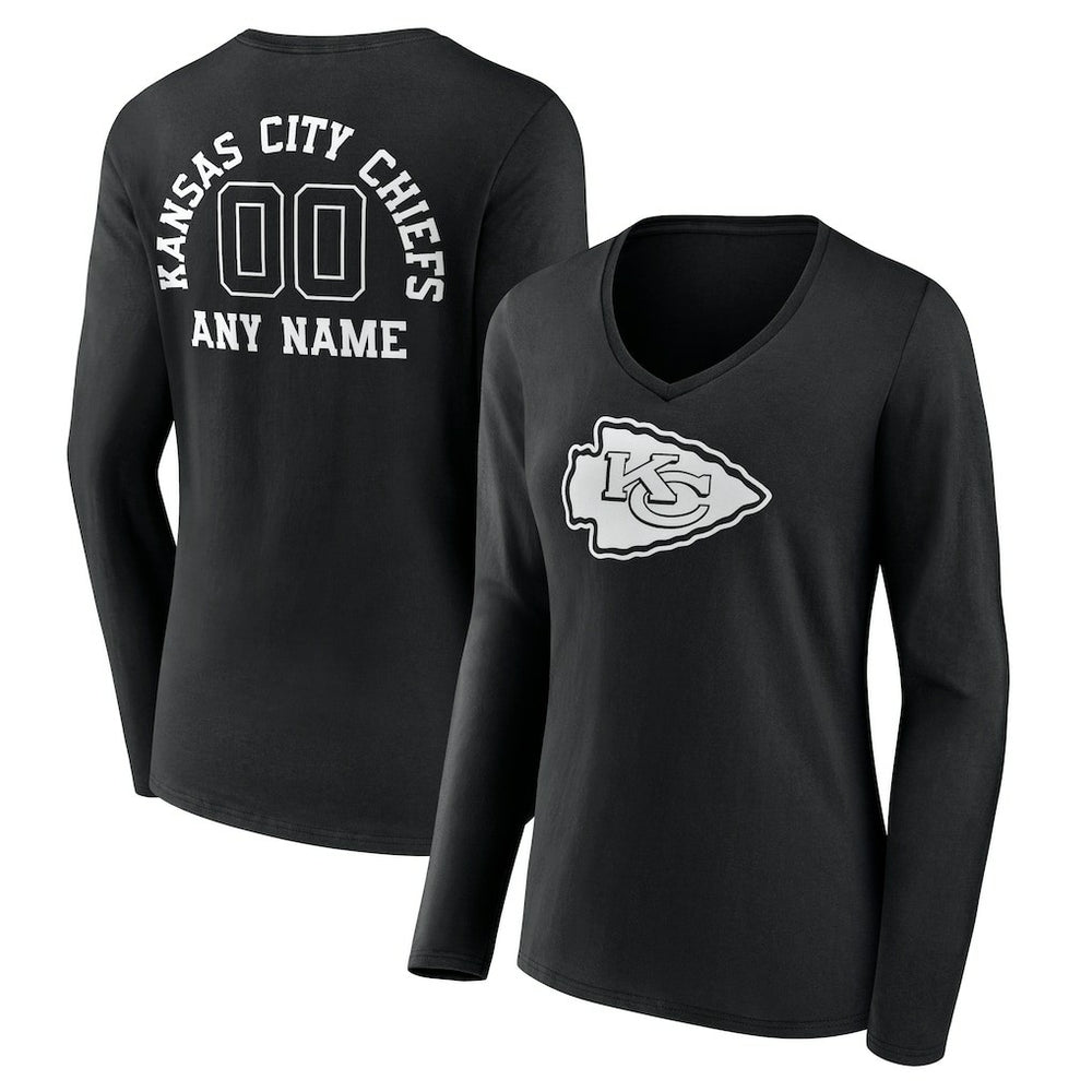 Kansas City Chiefs Women's Personalized Name & Number Monochrome Long Sleeve V-Neck T-Shirt Black