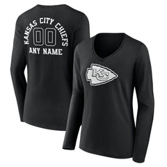 Kansas City Chiefs Women's Personalized Name & Number Monochrome Long Sleeve V-Neck T-Shirt Black