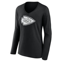 Kansas City Chiefs Women's Personalized Name & Number Monochrome Long Sleeve V-Neck T-Shirt Black