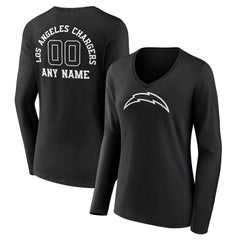 Los Angeles Chargers Women's Personalized Name & Number Monochrome Long Sleeve V-Neck T-Shirt Black
