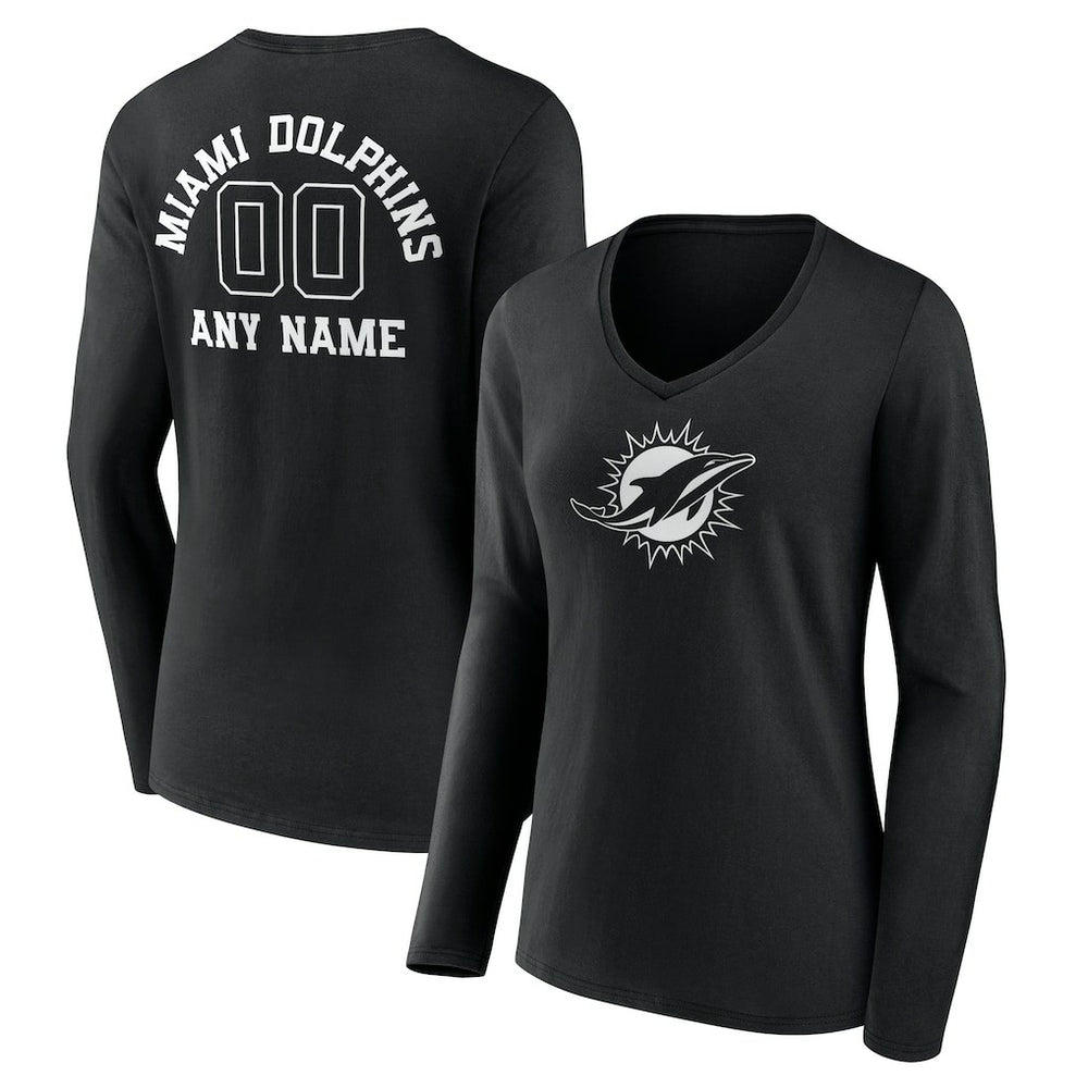Miami Dolphins Women's Personalized Name & Number Monochrome Long Sleeve V-Neck T-Shirt Black