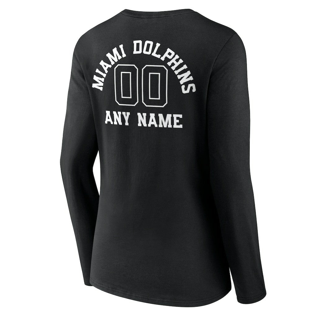 Miami Dolphins Women's Personalized Name & Number Monochrome Long Sleeve V-Neck T-Shirt Black