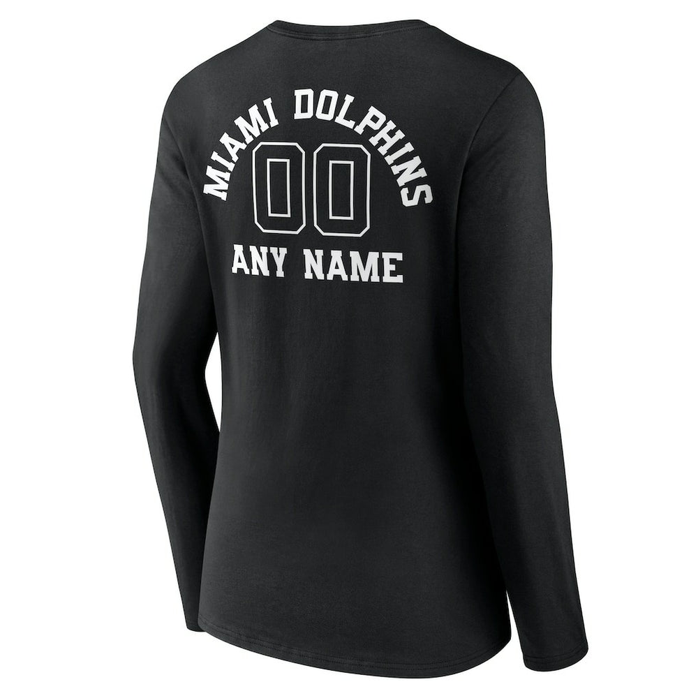 Miami Dolphins Women's Personalized Name & Number Monochrome Long Sleeve V-Neck T-Shirt Black