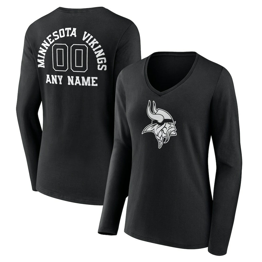 Minnesota Vikings Women's Personalized Name & Number Monochrome Long Sleeve V-Neck T-Shirt Black