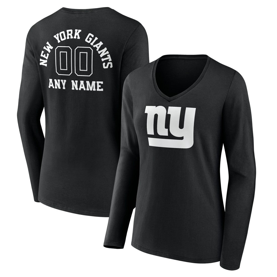 New York Giants Women's Personalized Name & Number Monochrome Long Sleeve V-Neck T-Shirt Black