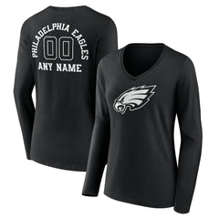 Philadelphia Eagles Women's Personalized Name & Number Monochrome Long Sleeve V-Neck T-Shirt Black