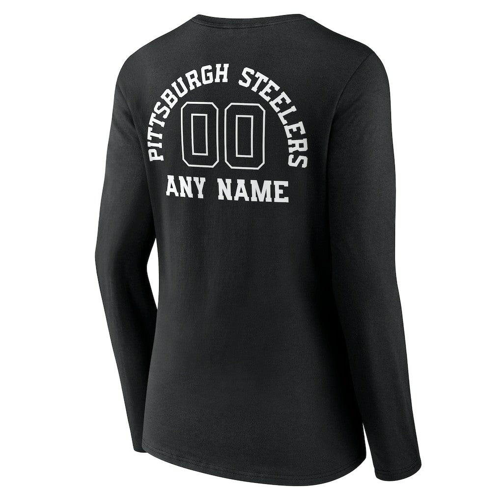 Pittsburgh Steelers Women's Personalized Name & Number Monochrome Long Sleeve V-Neck T-Shirt Black