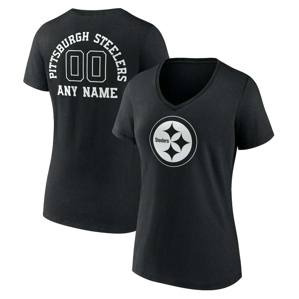 Pittsburgh Steelers Women's Personalized Name & Number Monochrome V-Neck T-Shirt Black