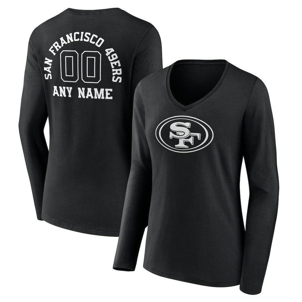 San Francisco 49ers Women's Personalized Name & Number Monochrome Long Sleeve V-Neck T-Shirt Black