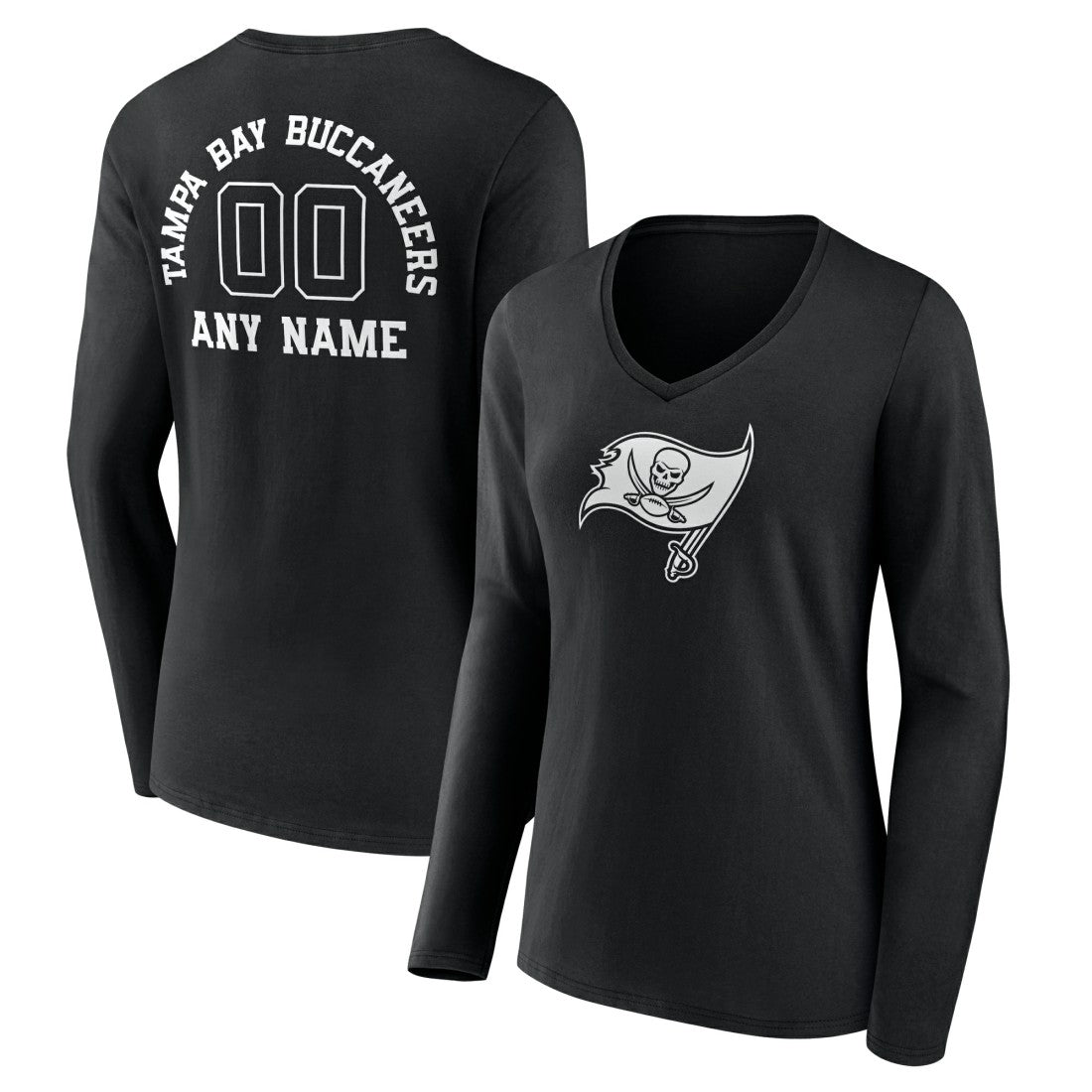 Tampa Bay Buccaneers Women's Personalized Name & Number Monochrome Long Sleeve V-Neck T-Shirt Black