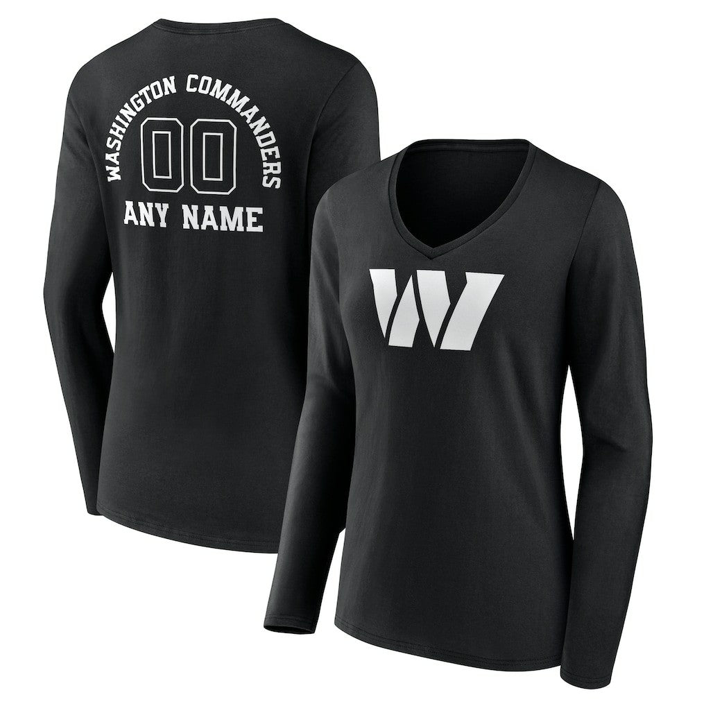 Washington Commanders Women's Personalized Name & Number Monochrome Long Sleeve V-Neck T-Shirt Black