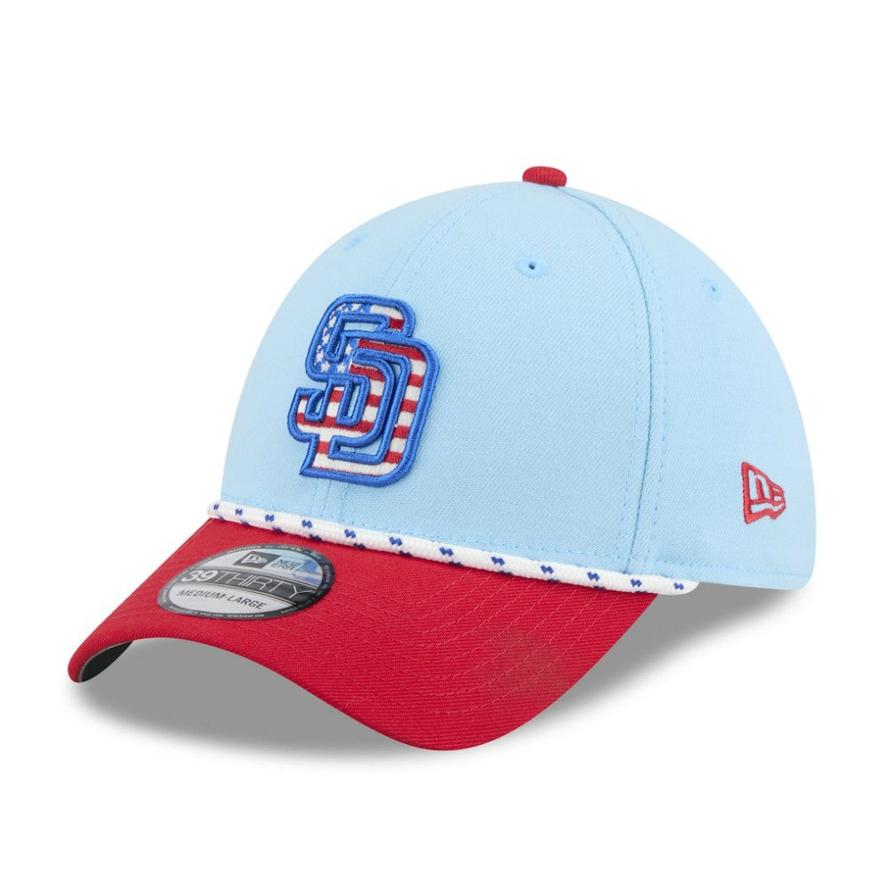 San Diego Padres New Era 2025 Fourth of July 39THIRTY Flex Hat - Light Blue/Red - New Era Sale