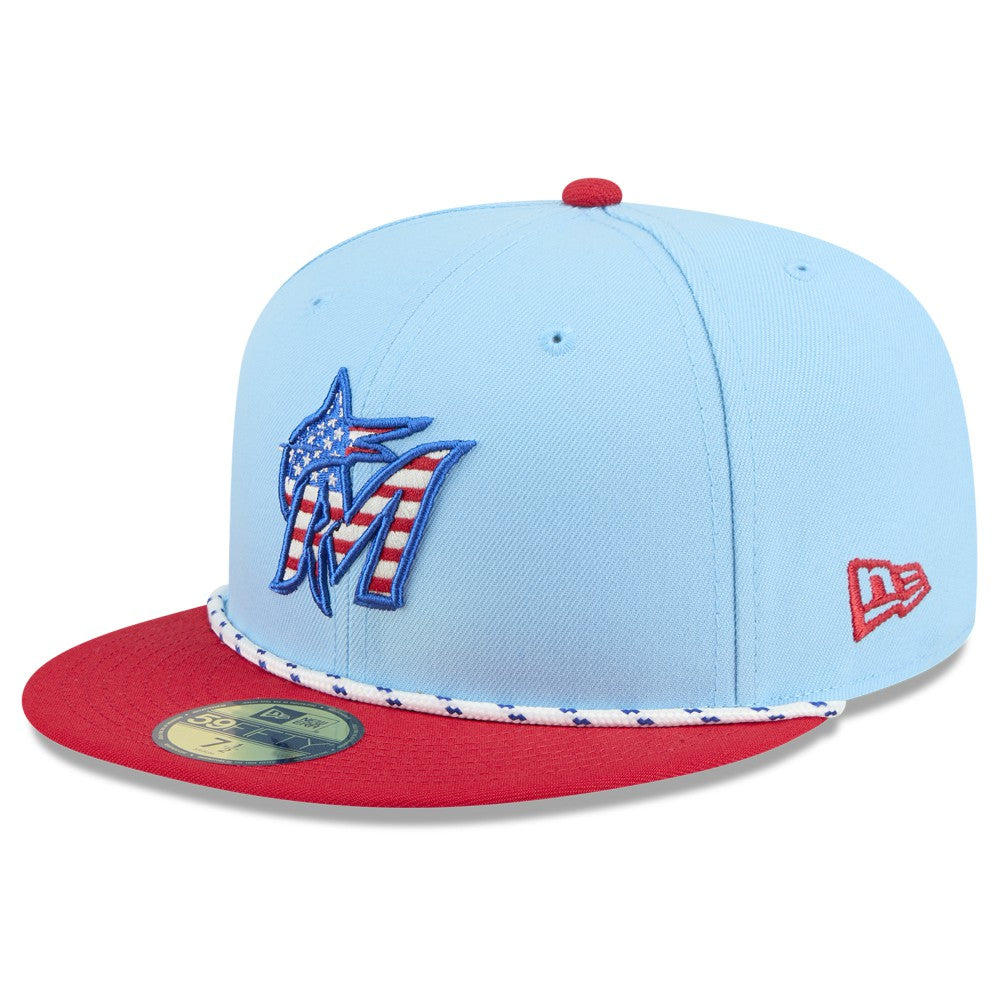 Miami Marlins New Era 2025 Fourth of July 59FIFTY Fitted Hat - Light Blue/Red - New Era on Sale