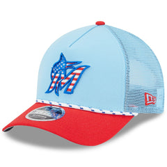 Miami Marlins New Era 2025 Fourth of July 9FORTY A-Frame M-Crown Adjustable Trucker Hat - Light Blue/Red - New Era on Sale