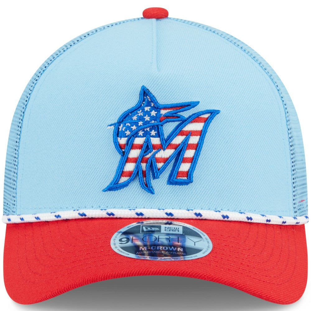 Miami Marlins New Era 2025 Fourth of July 9FORTY A-Frame M-Crown Adjustable Trucker Hat - Light Blue/Red - New Era on Sale