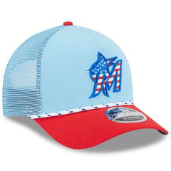 Miami Marlins New Era 2025 Fourth of July 9FORTY A-Frame M-Crown Adjustable Trucker Hat - Light Blue/Red - New Era on Sale