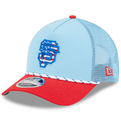 San Francisco Giants New Era 2025 Fourth of July 9FORTY A-Frame M-Crown Adjustable Trucker Hat - Light Blue/Red - New Era Online