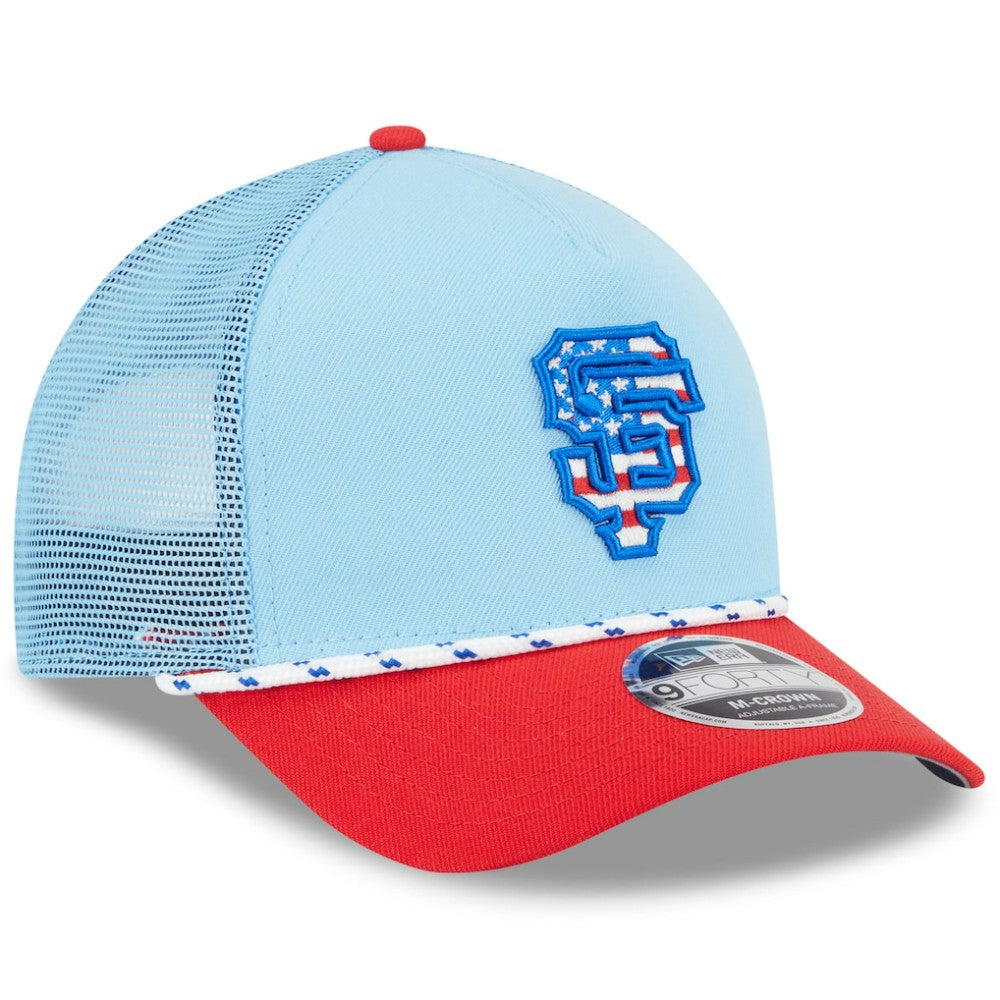 San Francisco Giants New Era 2025 Fourth of July 9FORTY A-Frame M-Crown Adjustable Trucker Hat - Light Blue/Red - New Era Online