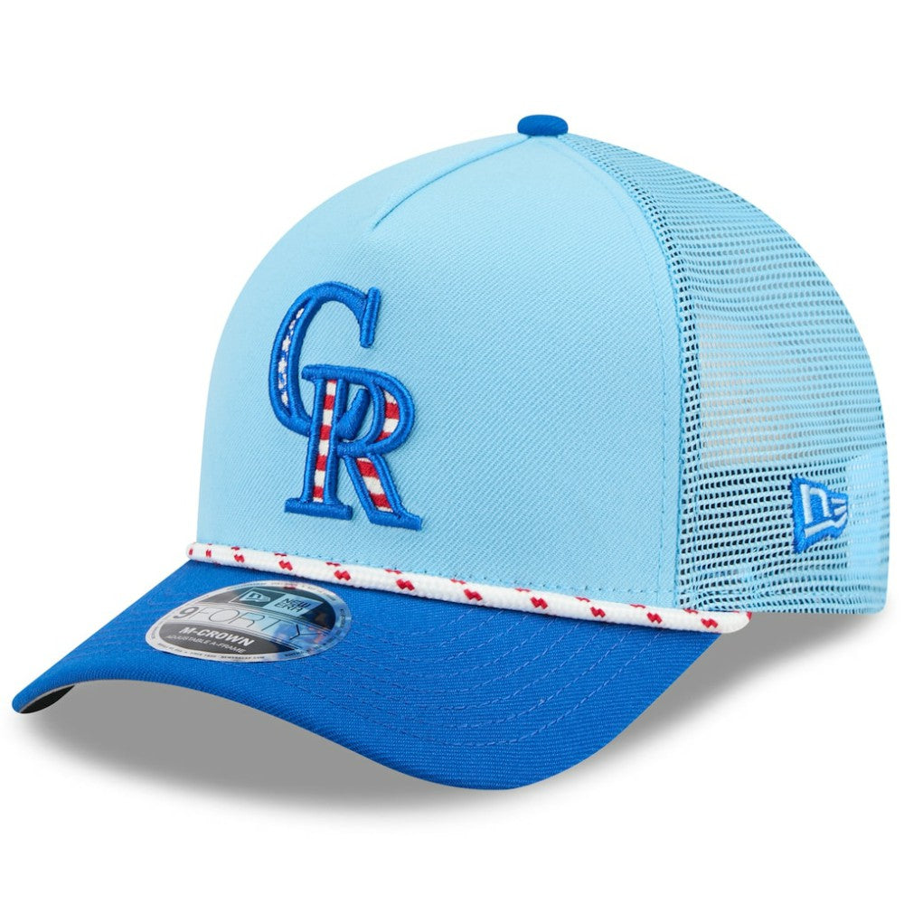 Colorado Rockies New Era 2025 Fourth of July 9FORTY A-Frame M-Crown Adjustable Trucker Hat - Light Blue/Blue - New Era Lifestyle
