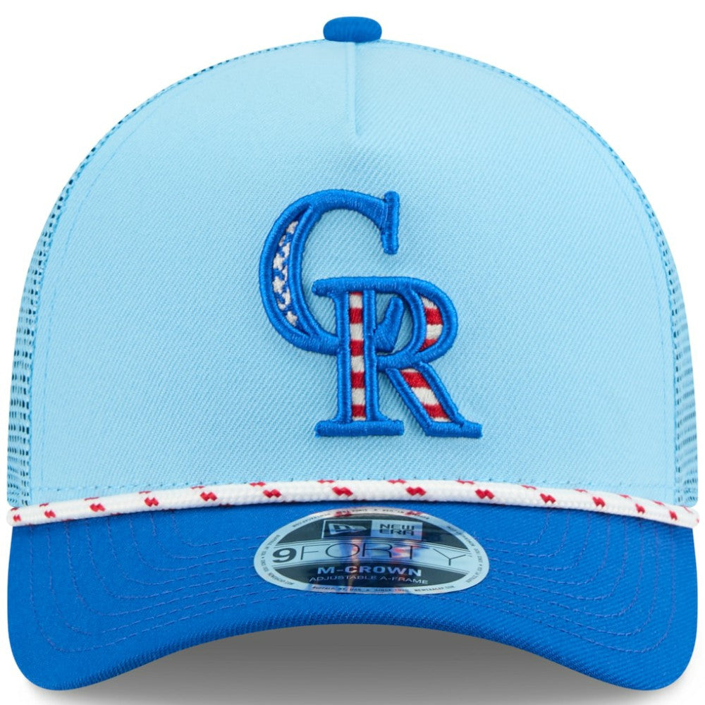 Colorado Rockies New Era 2025 Fourth of July 9FORTY A-Frame M-Crown Adjustable Trucker Hat - Light Blue/Blue - New Era Lifestyle