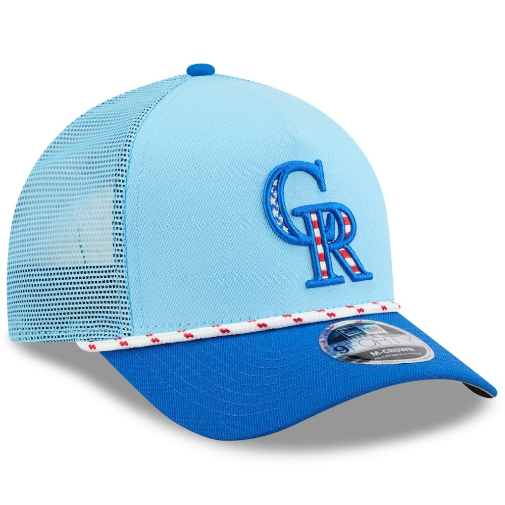 Colorado Rockies New Era 2025 Fourth of July 9FORTY A-Frame M-Crown Adjustable Trucker Hat - Light Blue/Blue - New Era Lifestyle
