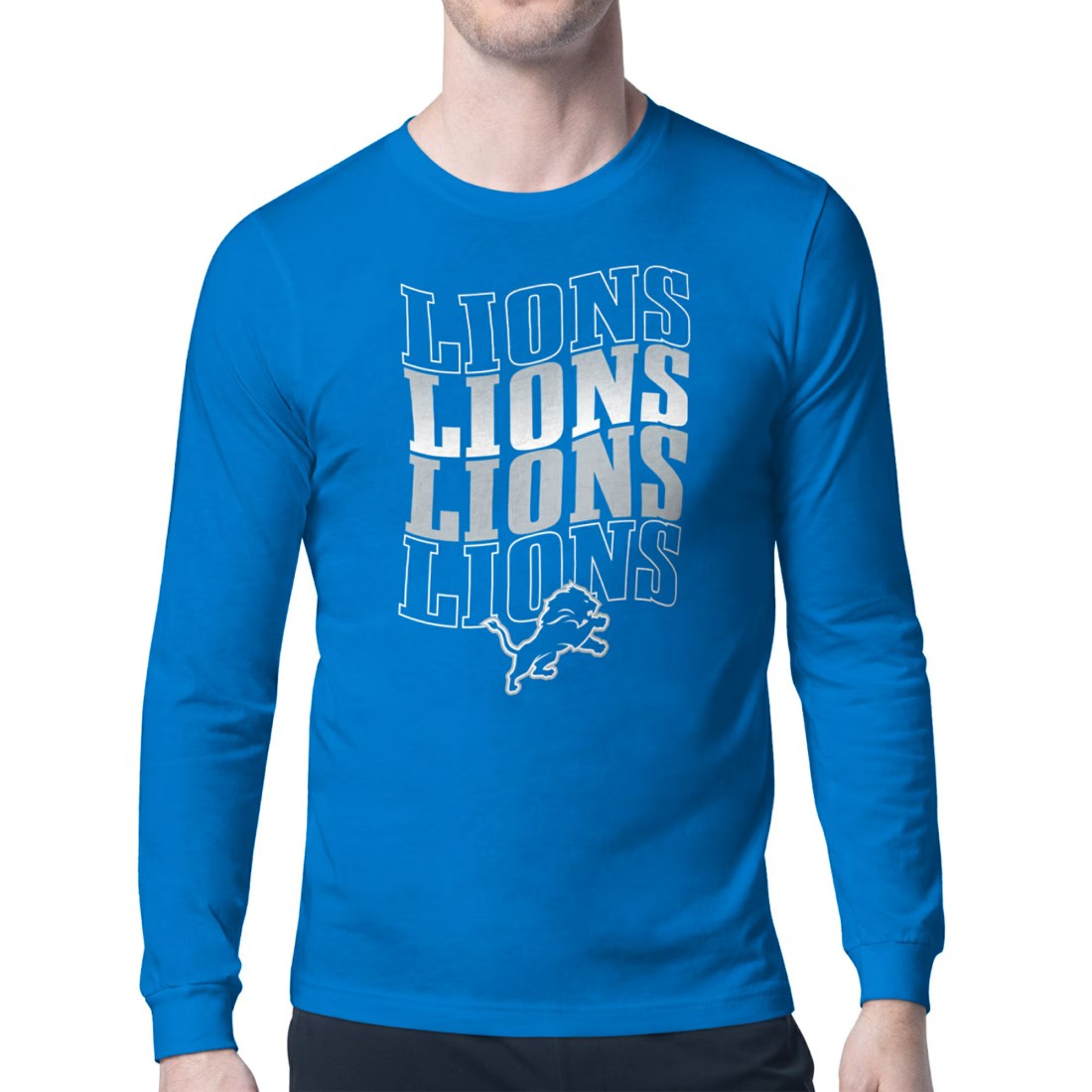 Detroit Lions Starter Four Team Name Retro Logo Long Sleeve T-Shirt Blue