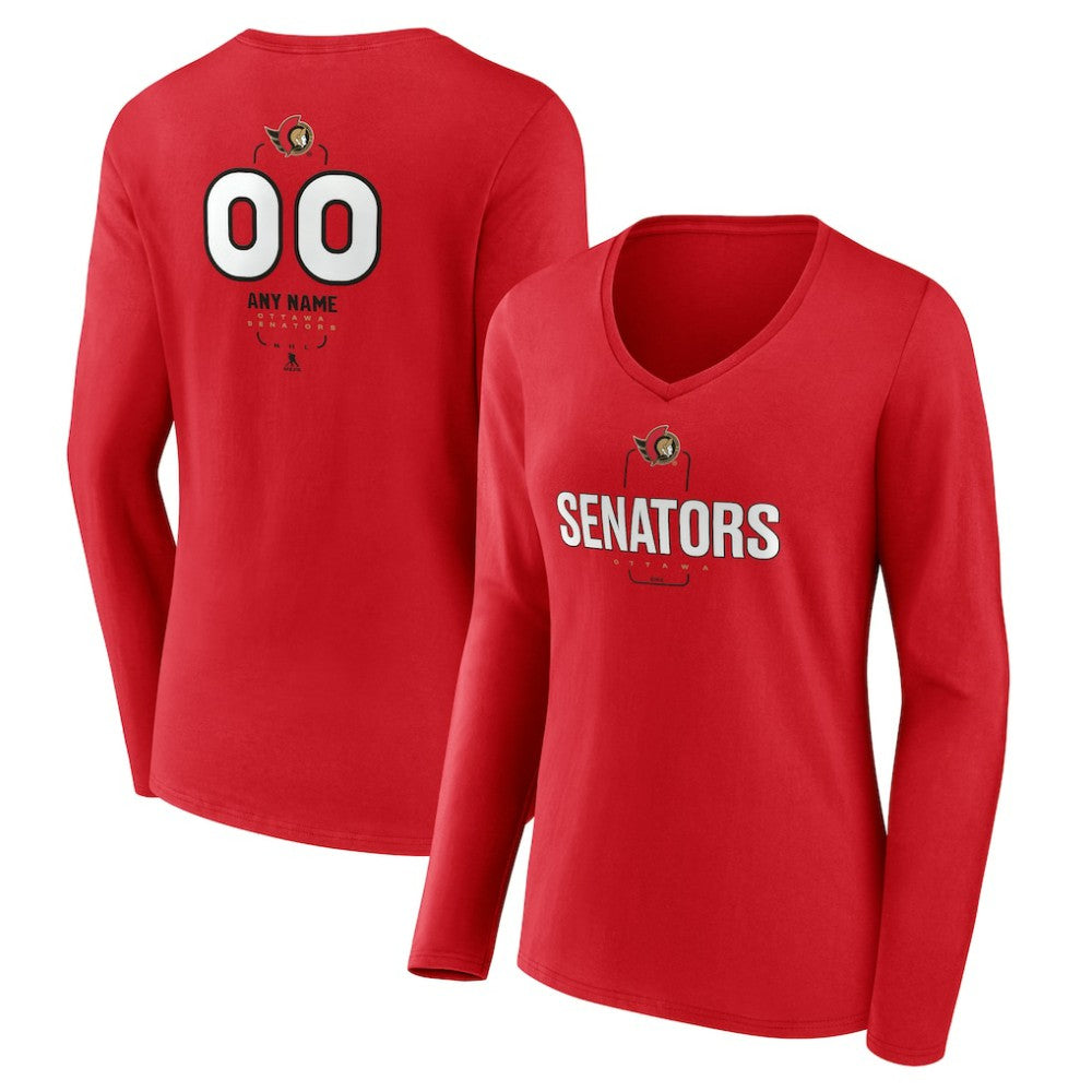 Ottawa Senators Women's Personalized Name & Number Midfielder Long Sleeve V-Neck T-Shirt - Red - NHL 202441209