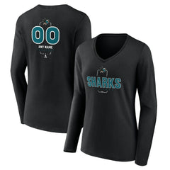 San Jose Sharks Women's Personalized Name & Number Midfielder Long Sleeve V-Neck T-Shirt - Black - NHL 202441383