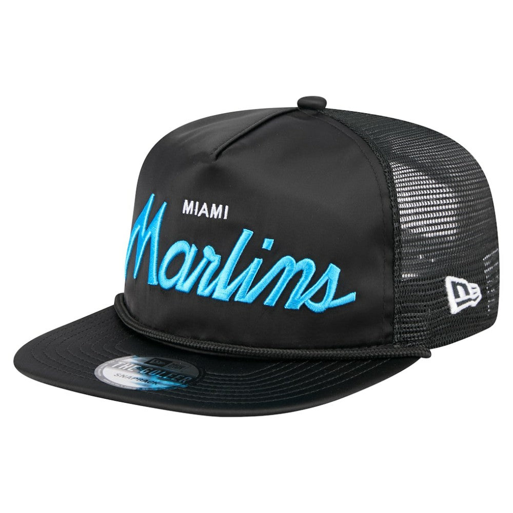 Miami Marlins New Era Retro Satin Script Golfer Adjustable Hat - Black - New Era Lifestyle