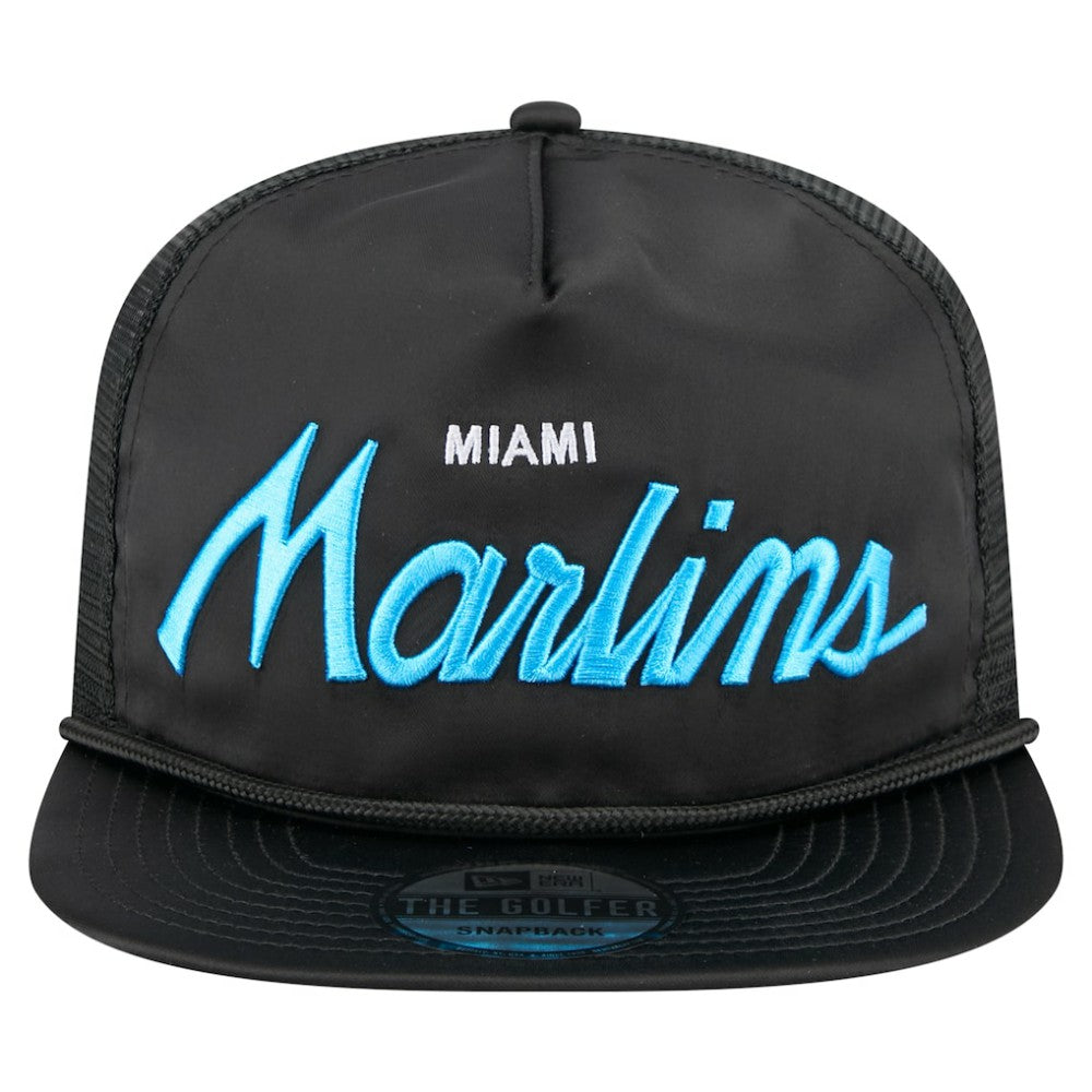 Miami Marlins New Era Retro Satin Script Golfer Adjustable Hat - Black - New Era Lifestyle
