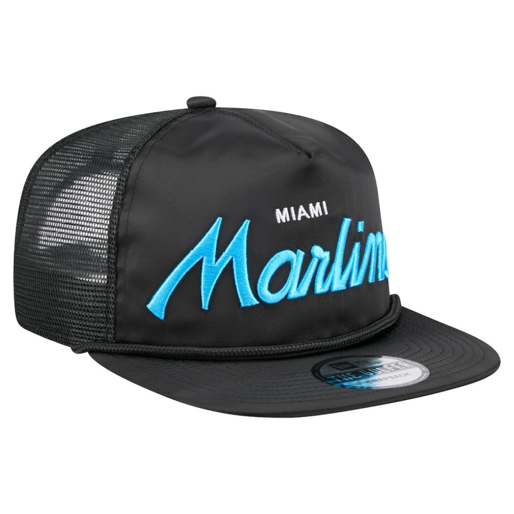 Miami Marlins New Era Retro Satin Script Golfer Adjustable Hat - Black - New Era Lifestyle