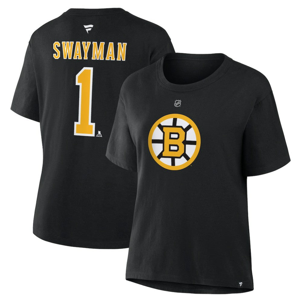 Jeremy Swayman Boston Bruins Fanatics Women's Authentic Stack Name & Number T-Shirt - Black - NHL 202477489