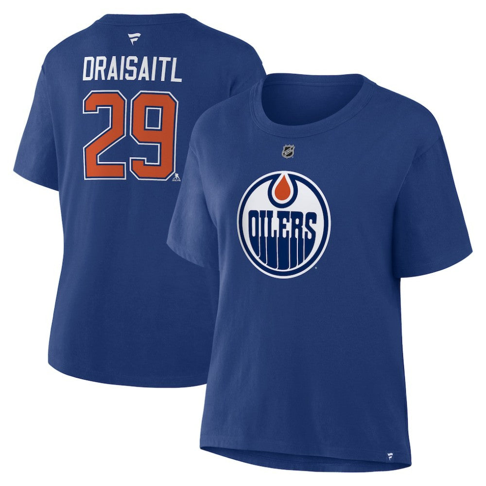 Leon Draisaitl Edmonton Oilers Fanatics Women's Authentic Stack Name & Number T-Shirt - Royal - NHL 202477499